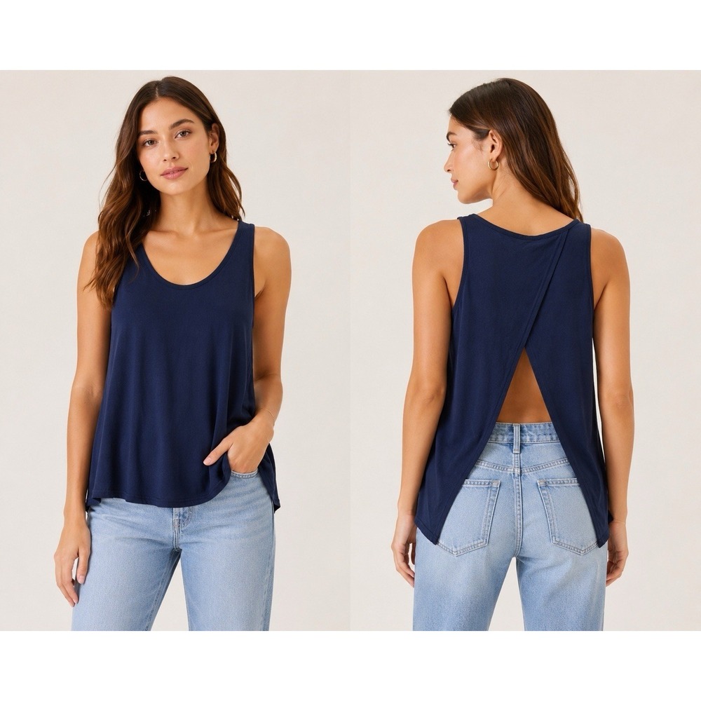 J.Crew Vintage Cotton Tank Top Navy Blue Open Back Sleeveless Small‎